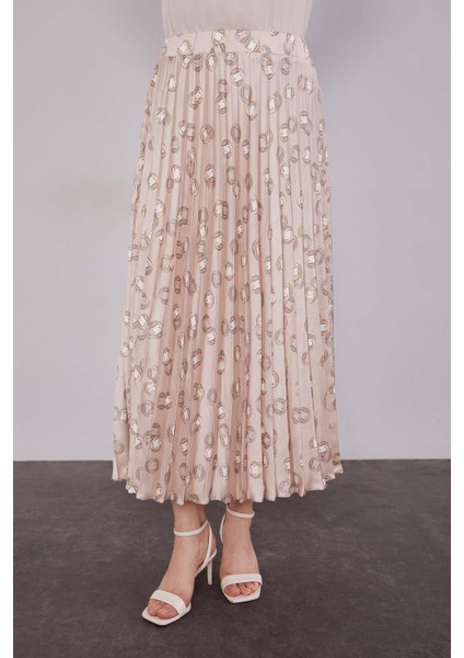 Bej Piliseli Desenli Etek Takım