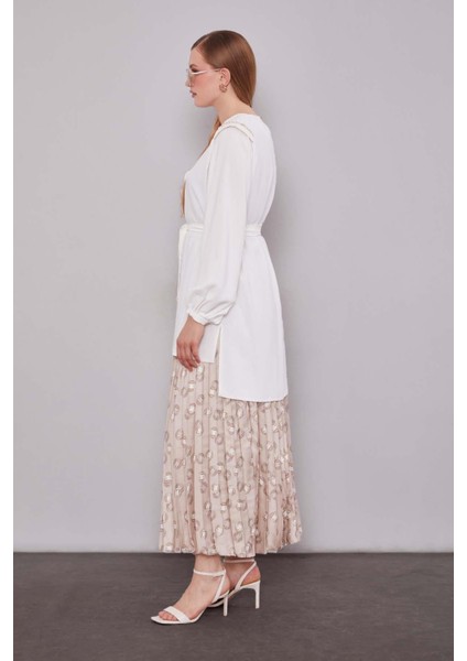 Bej Piliseli Desenli Etek Takım modelleri