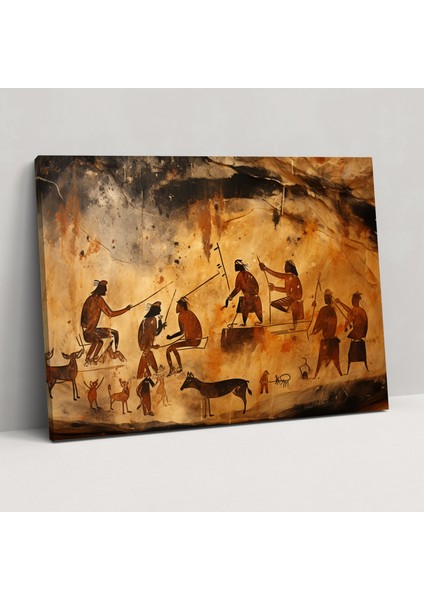Orta Taş Devri Kanvas Tablo - Eski Kabilelerin Günlük Hayatlarına Ait Mağara Resmi - Orta Taş Devri Kanvas Duvar Sanatı Ritüeller Duvar Sanatı