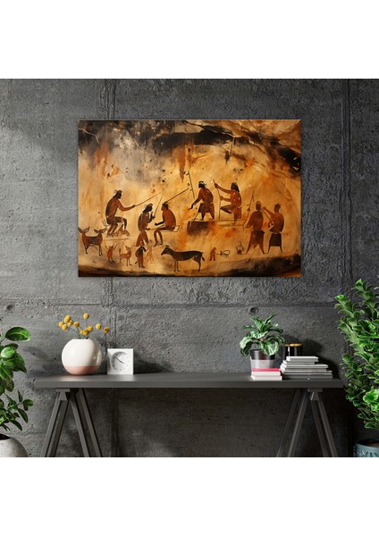 Orta Taş Devri Kanvas Tablo - Eski Kabilelerin Günlük Hayatlarına Ait Mağara Resmi - Orta Taş Devri Kanvas Duvar Sanatı Ritüeller Duvar Sanatı fiyatları