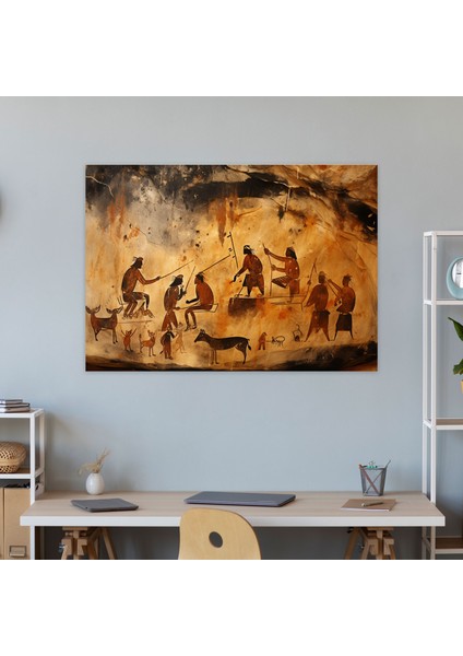 Orta Taş Devri Kanvas Tablo - Eski Kabilelerin Günlük Hayatlarına Ait Mağara Resmi - Orta Taş Devri Kanvas Duvar Sanatı Ritüeller Duvar Sanatı modelleri