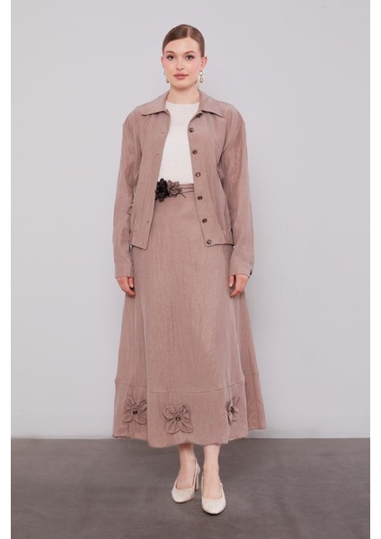 Kahve Gül Detaylı Cupra Etekli Takım