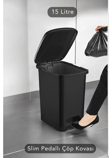 Slim Pedallı Banyo Mutfak Çöp Kovası - 15 Litre - Siyah
