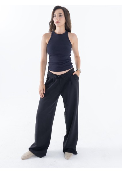 Fitilli Regular Fit Normal Kalıp Lacivert Bisiklet Yaka Sıfır Kol Pamuklu Kadın Atlet