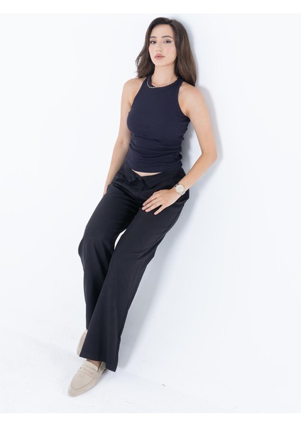 Fitilli Regular Fit Normal Kalıp Lacivert Bisiklet Yaka Sıfır Kol Pamuklu Kadın Atlet fiyatları