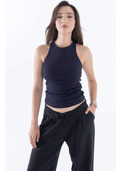 Fitilli Regular Fit Normal Kalıp Lacivert Bisiklet Yaka Sıfır Kol Pamuklu Kadın Atlet modelleri