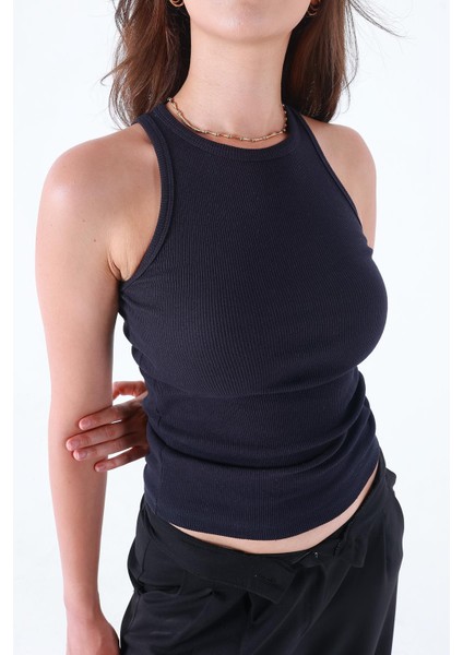 Fitilli Regular Fit Normal Kalıp Lacivert Bisiklet Yaka Sıfır Kol Pamuklu Kadın Atlet fırsatları