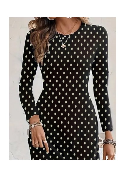 Kadın Uzun Kollu Bisiklet Yaka Puantiyeli Örme Krep Midi Elbise fiyatları