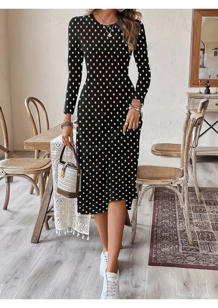 Kadın Uzun Kollu Bisiklet Yaka Puantiyeli Örme Krep Midi Elbise modelleri