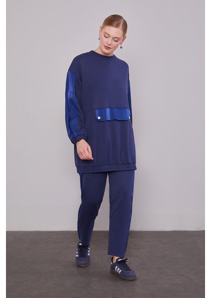 Lacivert Parıltılı Şerit Detay Ikili Takım