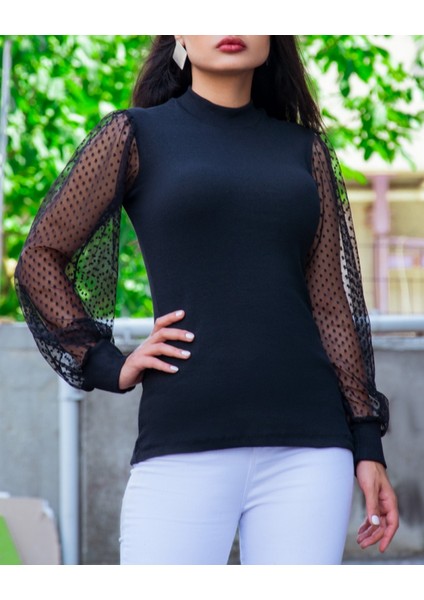Kadın Siyah Kolu Tül Detaylı Yarım Balıkçı Kaşkorse Bluz