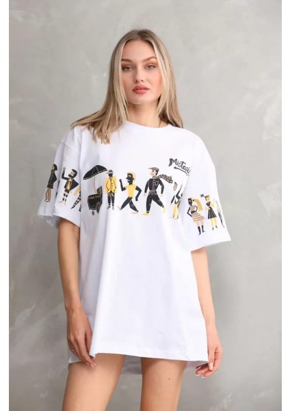 Unisex Bisiklet Yaka Baskılı Oversize T-Shirt - Beyaz indirimleri