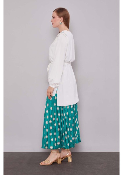 Zümrüt Yeşili Piliseli Desenli Etek Takım modelleri