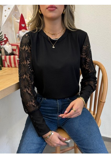 Kadın Uzun Kollu Bisiklet Yaka Kolları Çiçekli Waffle Bluz modelleri