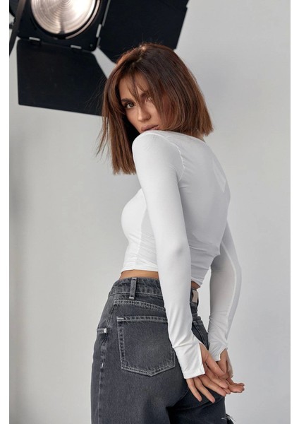 Kara Yaka Uzun Kollu Crop - Beyaz modelleri