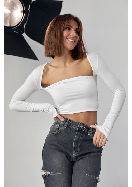 Kara Yaka Uzun Kollu Crop - Beyaz indirimleri