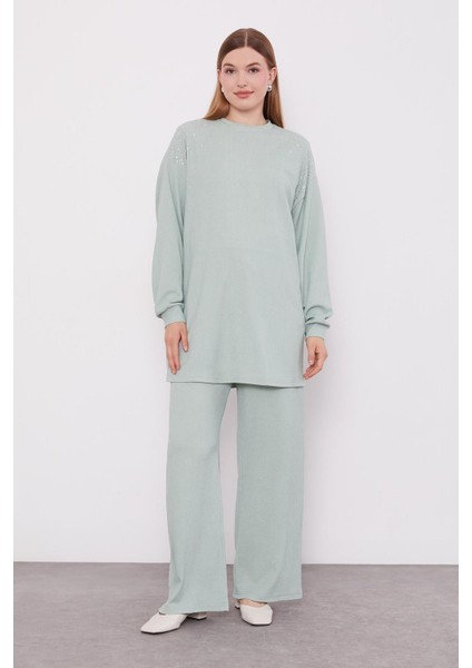Mint Yeşili Omzu Taş Işlemeli Ikili Takım
