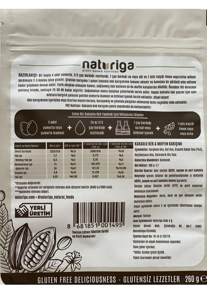 Glutensiz Kakaolu Kek ve Muffin Karışımı 250 g - Sorgum Unu, Dut Unu, Keçiboynuzu Unu, Organik Kakao, Rafine Şekersiz fiyatları