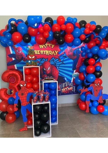 80 Adet Kirmizi Siyah Lacivert Balon+5metre Zincir Örümcek Adam Spiderman