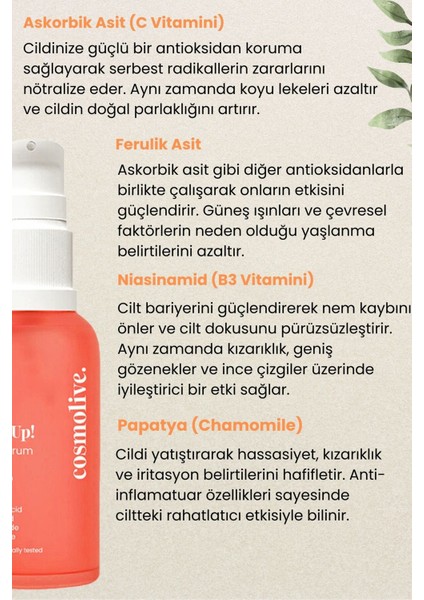 Yüz Serumu | Aydınlatıcı | Askorbik Asit | Ferulik Asit | Niasinamid | Papatya