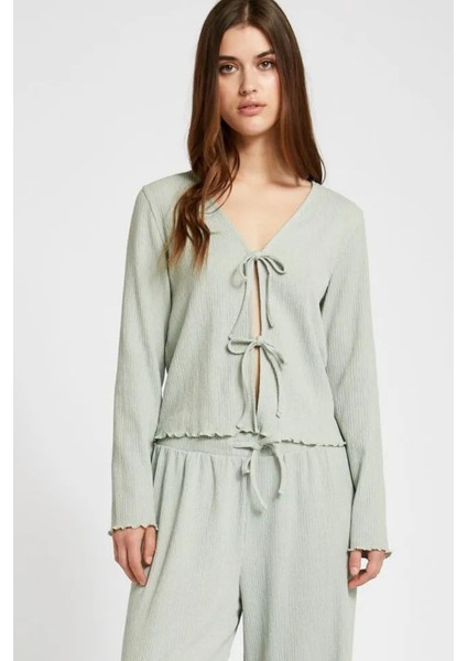 Kadın Önden Bağlamalı Kimono Yeşil Yeni Sezon Rahat Kalıp, Kadın Bluz
