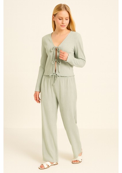 Kadın Önden Bağlamalı Kimono Yeşil Yeni Sezon Rahat Kalıp, Kadın Bluz indirimleri