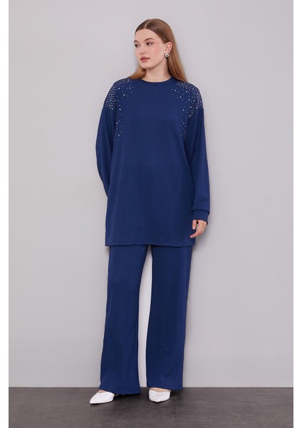 Lacivert Omzu Taş Işlemeli Ikili Takım