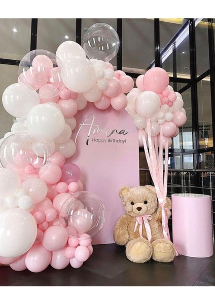 Parti Setim^^ Macaron Pembe* Beyaz 100'LÜ Balon Zinciri Seti