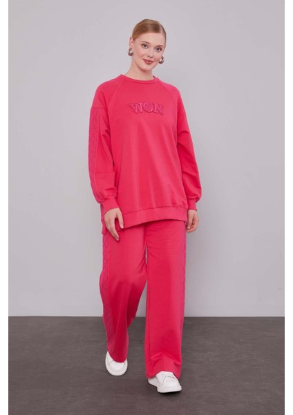 Fuşya Şerit Dantel Detaylı Spor Takım
