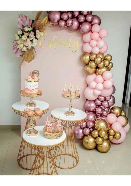 50 Adet Pastel ve Krom Balon Zincir Seti Pembe, Krom Pembe ve Krom Gold