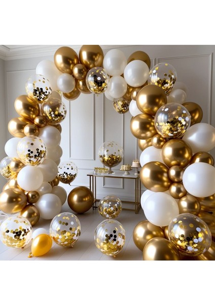 60 Adet Gold Beyaz Krom Balonlu Doğum Günü Parti Seti