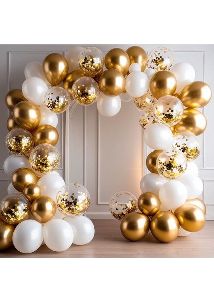 60 Adet Gold Beyaz Krom Balonlu Doğum Günü Parti Seti modelleri