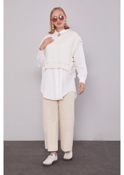 Ekru Triko Yelekli Gömlek Ikili Takım