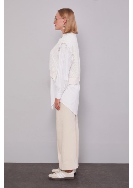 Ekru Triko Yelekli Gömlek Ikili Takım modelleri