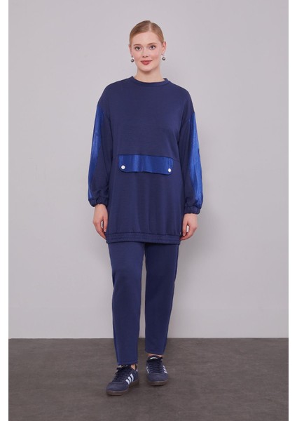 Lacivert Parıltılı Şerit Detay Ikili Takım