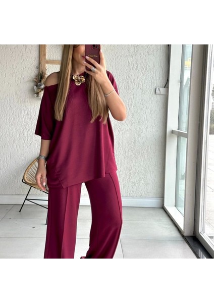 Kadın Tek Omuzdan Açık Geniş Kesim Viskon Iki Iplik Bluz ve Pantolon Ikili Takım