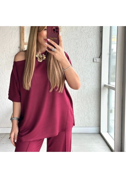Kadın Tek Omuzdan Açık Geniş Kesim Viskon Iki Iplik Bluz ve Pantolon Ikili Takım fiyatları