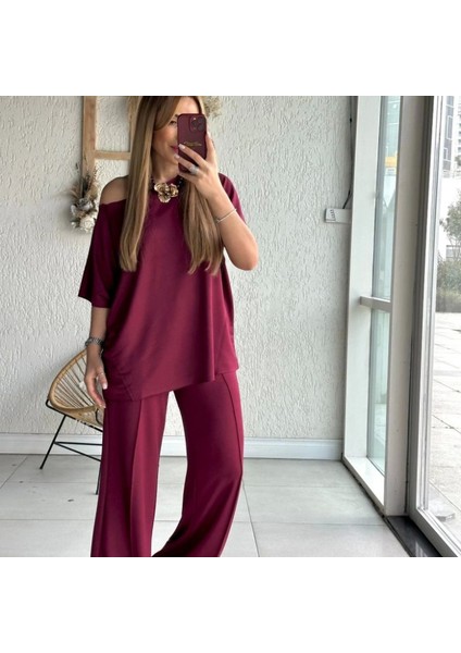 Kadın Tek Omuzdan Açık Geniş Kesim Viskon Iki Iplik Bluz ve Pantolon Ikili Takım modelleri