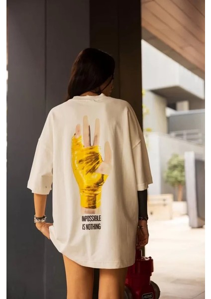 Unisex Bisiklet Yaka Baskılı Oversize T-Shirt - Beyaz fırsatları