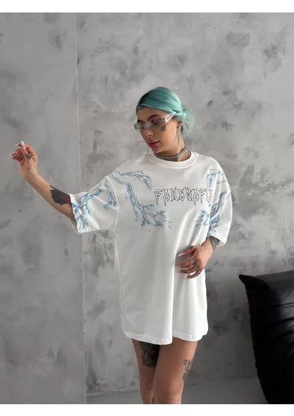 Unisex Bisiklet Yaka Baskılı Oversize T-Shirt - Beyaz modelleri