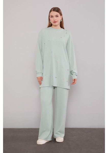 Mint Yeşili Şerit Taş Detaylı Ikili Takım