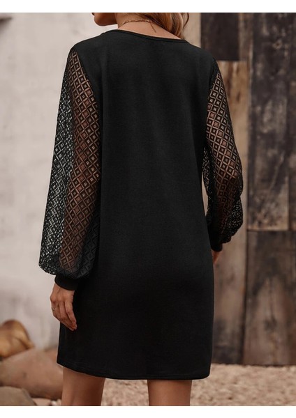 Kadın Uzun Kollu Dantelli V Yakalı Kısa Ithal Krep Elbise