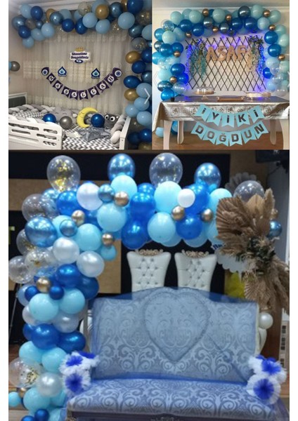 Mavi Lacivert 65LI Balon Zinciri Süsleme Seti 5 Renkli Sünnet, 1 Yaş, Mevlid modelleri