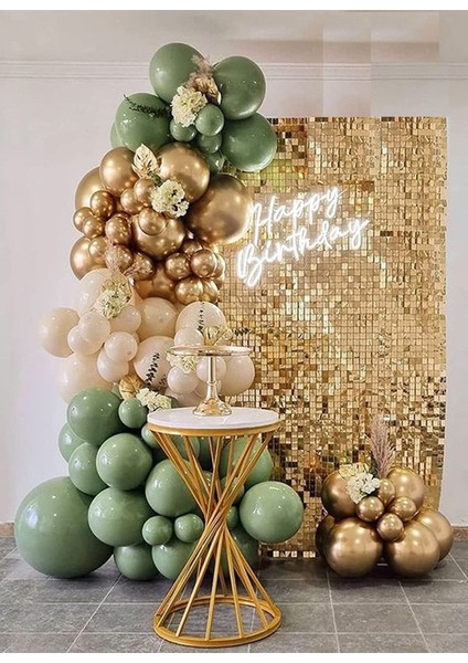 30 Küf Yeşili 15 Krom Gold 15 Deniz Kumu Pastel Ten Rengi Doğum Günü ve Nişan Balon Zinciri Set