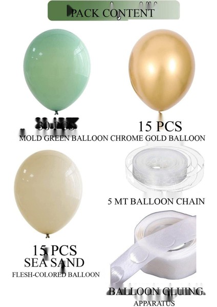 30 Küf Yeşili 15 Krom Gold 15 Deniz Kumu Pastel Ten Rengi Doğum Günü ve Nişan Balon Zinciri Set