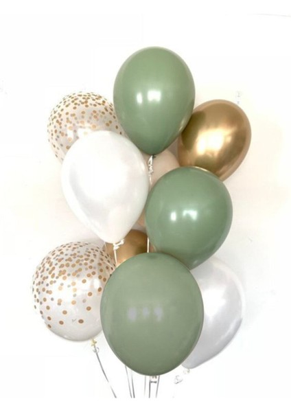 10 Adet Küf Yeşilli Balon Demeti Krom Altın 3 Küf Yeşili + 3 Beyaz + 2 Krom Altın + 2 Şeffaf Balon