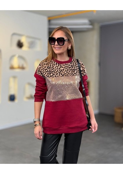 Kadın Üç Iplik Şardonlu Kumaş Leopar Desenli Bluz modelleri