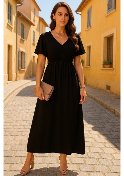 Kadın Kısa Kollu V Yakalı Beli Lastikli Uzun Viskon Elbise