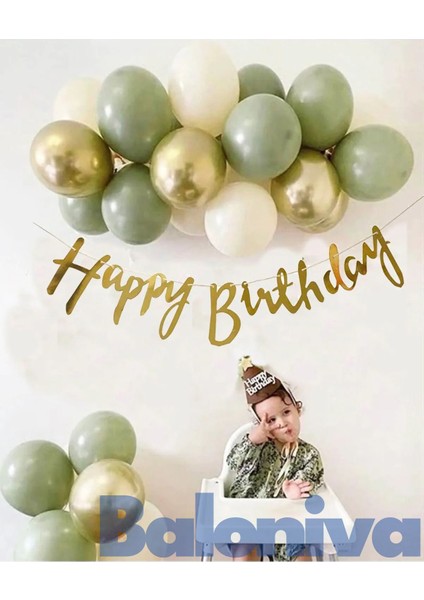 Küf Yeşili - Gold Balon ve Banner Seti Happy Birthday Banner Mini Zincir Balon Seti