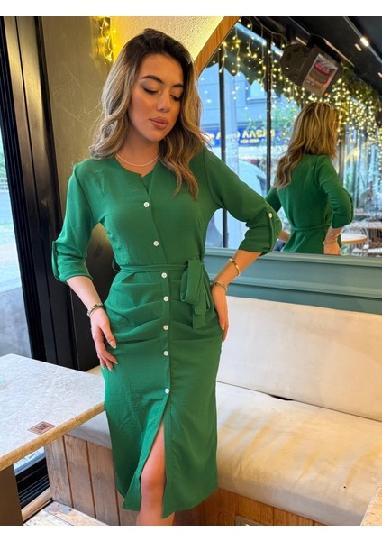 Kadın Uzun Kollu Önden Düğmeli Beli Kuşaklı Aerobin Midi Elbise indirimleri